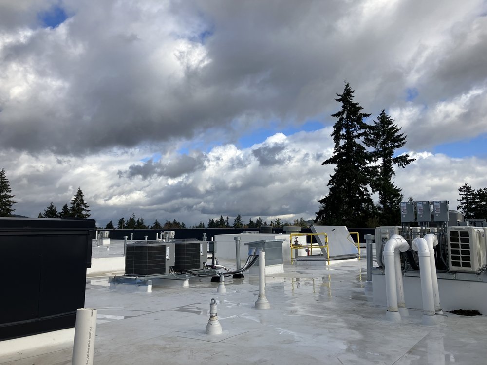 A rooftop with HVAC equipment under a cloudy sky, surrounded by trees.