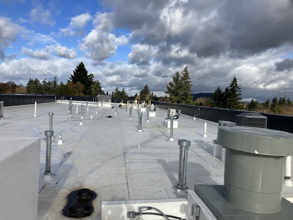 Flat rooftop with various vents and fixtures under a partly cloudy sky, surrounded by trees in the distance.